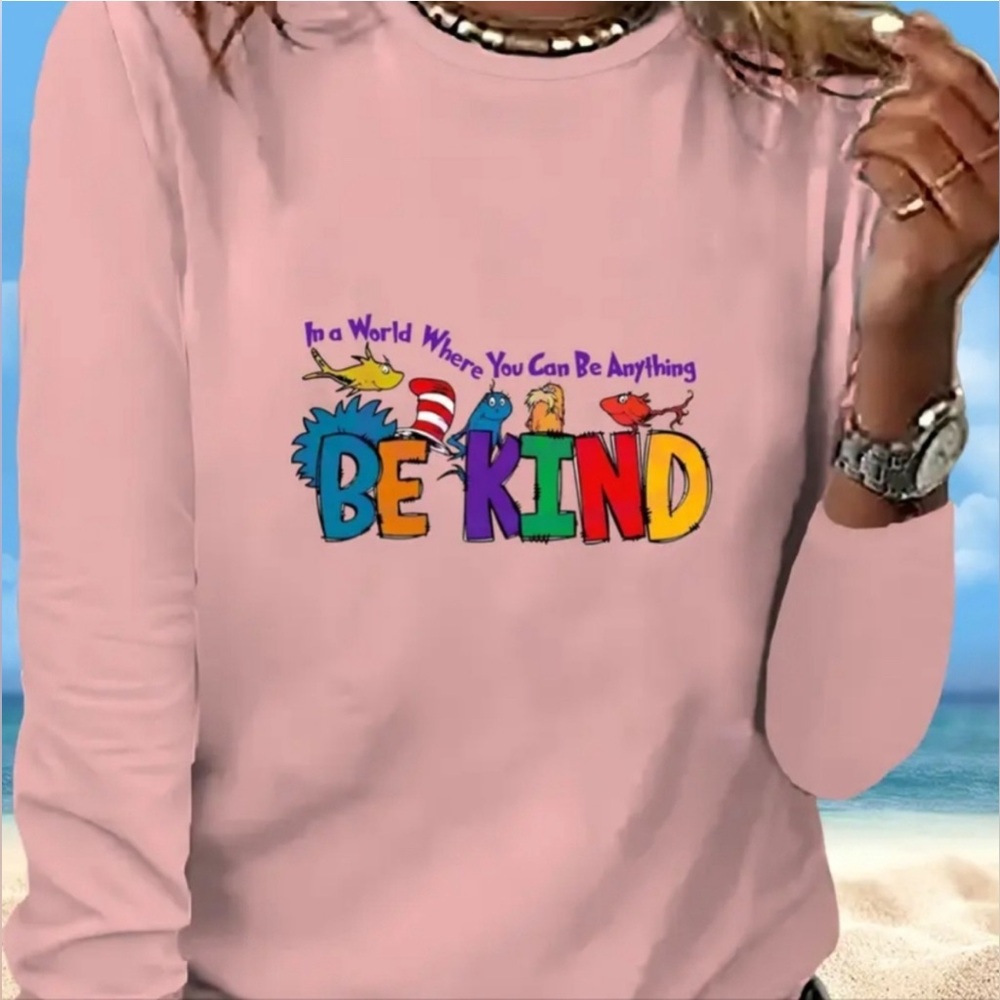 New Inspirational Alphabet Print T-Shirt for Women - Long Sleeve